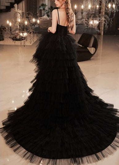 Vestido de fiesta de noche de tul de múltiples capas alto-bajo con espalda abierta